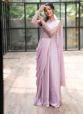 Lilac drape dress in net ebroidered yoke and belt 1