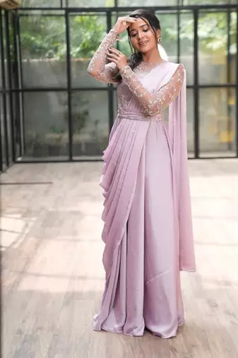 Lilac drape dress in net ebroidered yoke and belt