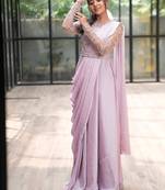 Lilac drape dress in net ebroidered yoke and belt
