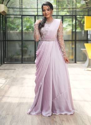 Lilac drape dress in net ebroidered yoke and belt 2