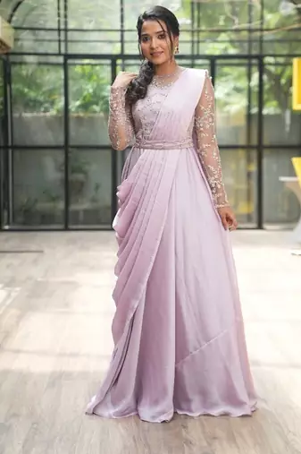 Lilac drape dress in net ebroidered yoke and belt