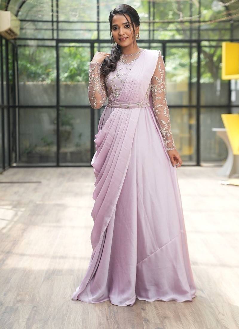 Lilac drape dress in net ebroidered yoke and belt