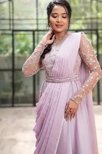 Lilac drape dress in net ebroidered yoke and belt