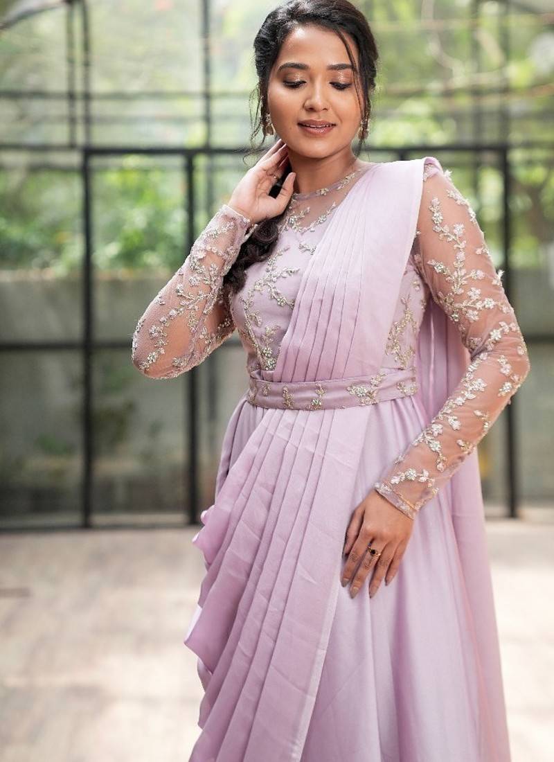 Lilac drape dress in net ebroidered yoke and belt