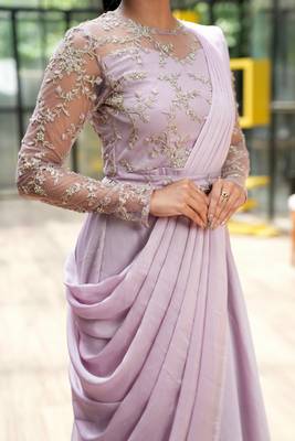 Lilac drape dress in net ebroidered yoke and belt 4