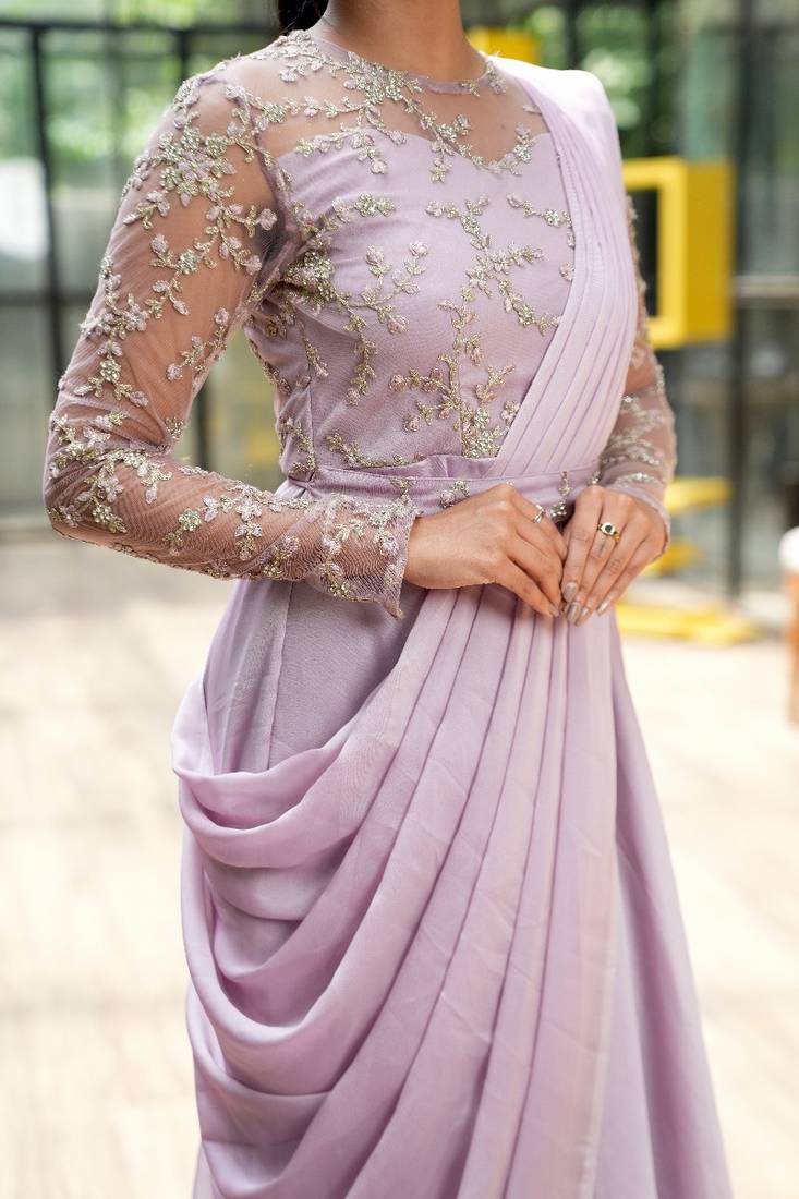 Lilac drape dress in net ebroidered yoke and belt