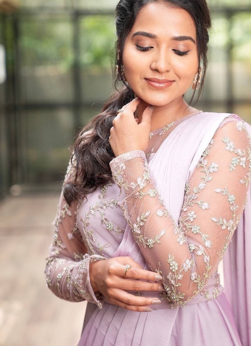 Lilac drape dress in net ebroidered yoke and belt