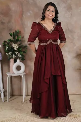 Brown hand embroidered alia cut dress with asymmetrical flare