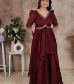 Brown hand embroidered alia cut dress with asymmetrical flare