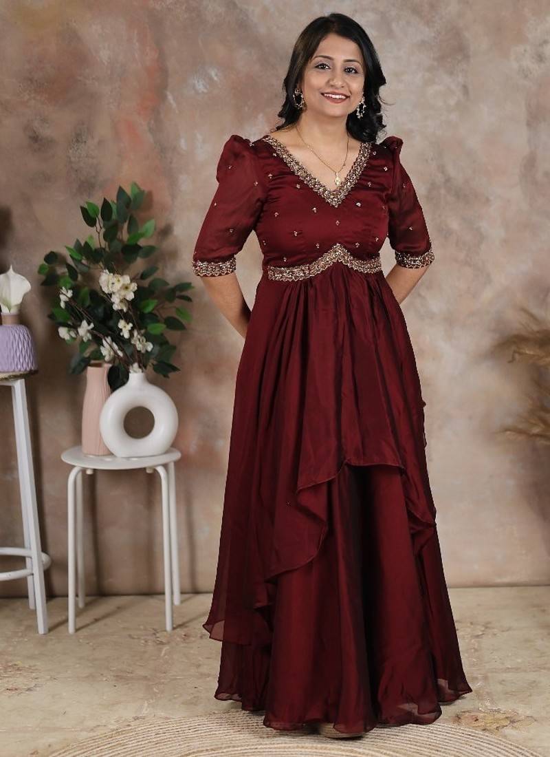 Brown hand embroidered alia cut dress with asymmetrical flare