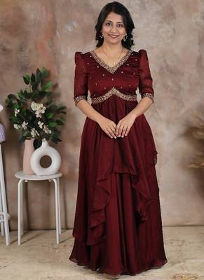 Brown hand embroidered alia cut dress with asymmetrical flare 2
