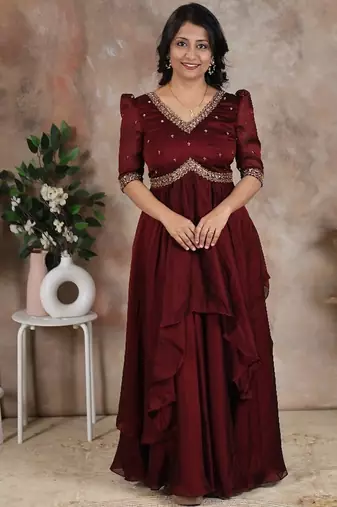 Brown hand embroidered alia cut dress with asymmetrical flare