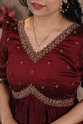 Brown hand embroidered alia cut dress with asymmetrical flare 4