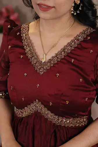 Brown hand embroidered alia cut dress with asymmetrical flare