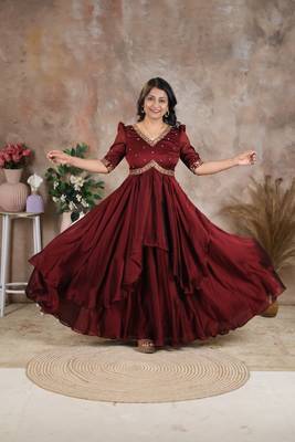 Brown hand embroidered alia cut dress with asymmetrical flare 5