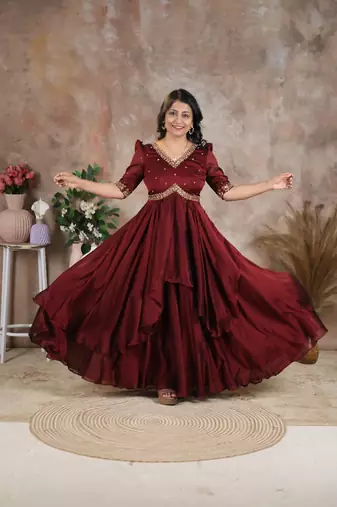 Brown hand embroidered alia cut dress with asymmetrical flare