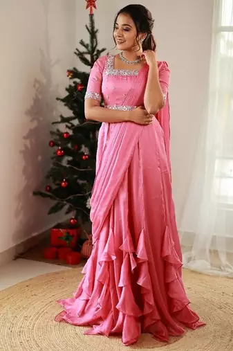 Pink ruffled drape dress with hand embroidered mirror work