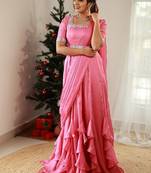 Pink ruffled drape dress with hand embroidered mirror work