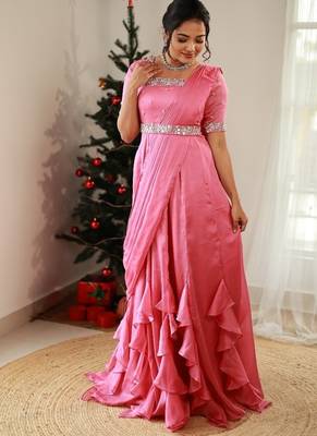 Pink ruffled drape dress with hand embroidered mirror work 2