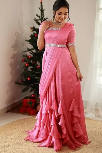 Pink ruffled drape dress with hand embroidered mirror work