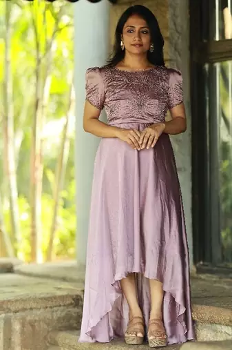 Mauve lilac hand embroidered high low dress