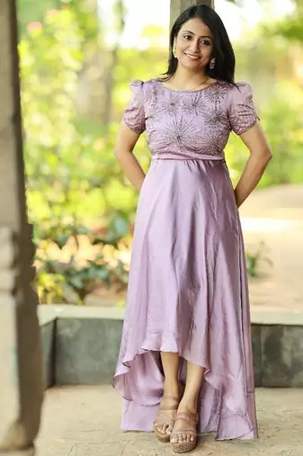 Mauve lilac hand embroidered high low dress