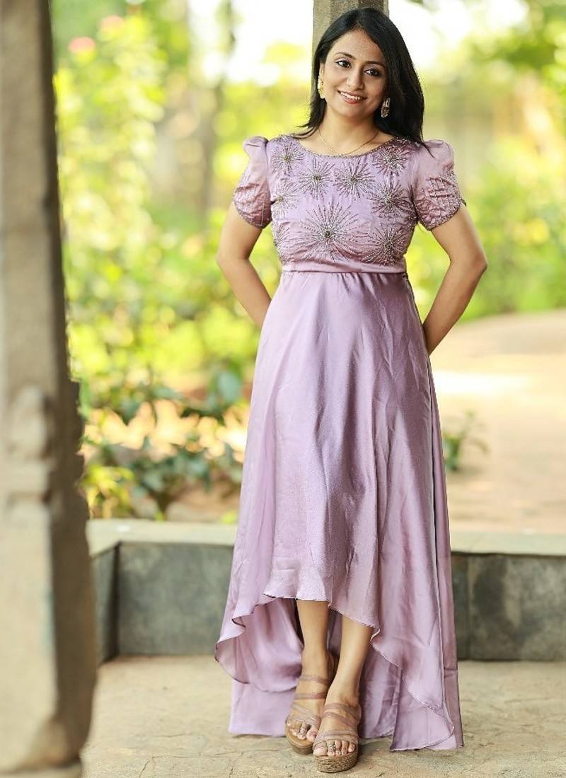 Mauve lilac hand embroidered high low dress