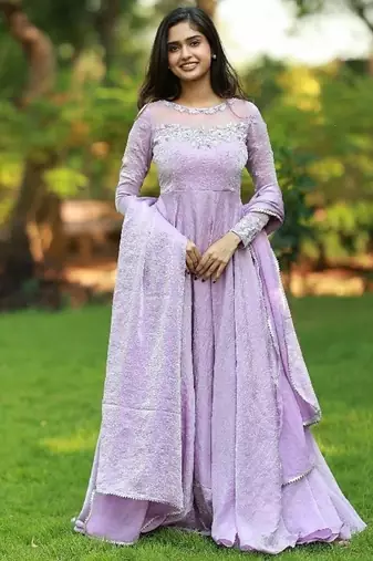 Lilac hand embroidered anarkali in fendi silk with dupatta