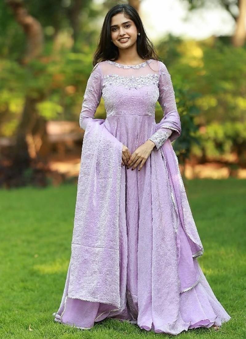 Lilac hand embroidered anarkali in fendi silk with dupatta