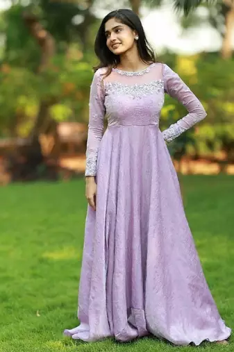 Lilac hand embroidered anarkali in fendi silk with dupatta