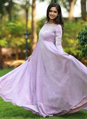 Lilac hand embroidered anarkali in fendi silk with dupatta 5