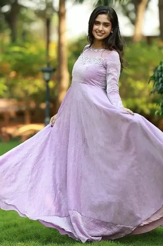Lilac hand embroidered anarkali in fendi silk with dupatta