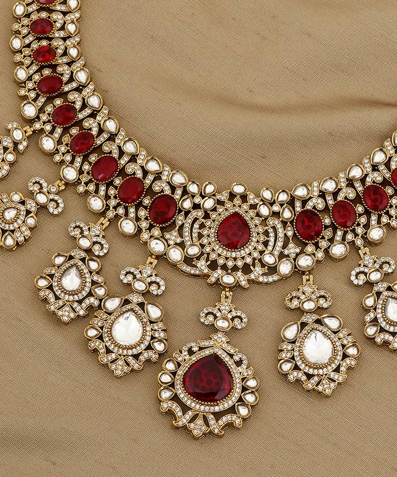 Gold plated kundan red stones necklace set
