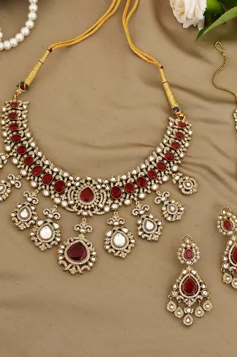 Gold plated kundan red stones necklace set