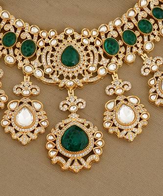 Gold plated kundan green stones necklace set 2