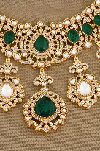 Gold plated kundan green stones necklace set
