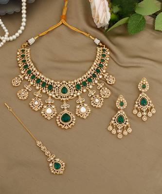 Gold plated kundan green stones necklace set 1