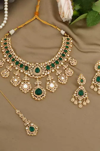 Gold plated kundan green stones necklace set