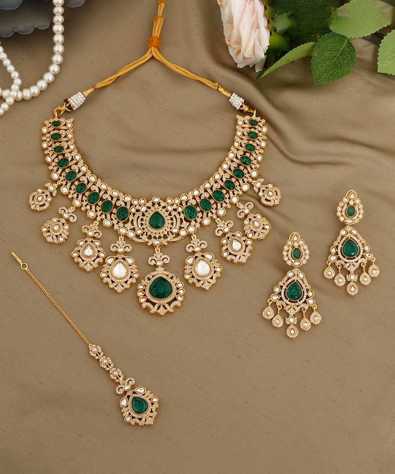 Gold plated kundan green stones necklace set