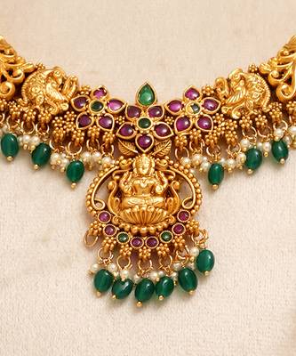 Gold plated green stones temple necklace set 2