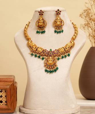 Gold plated green stones temple necklace set 1