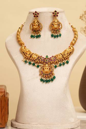 Gold plated green stones temple necklace set