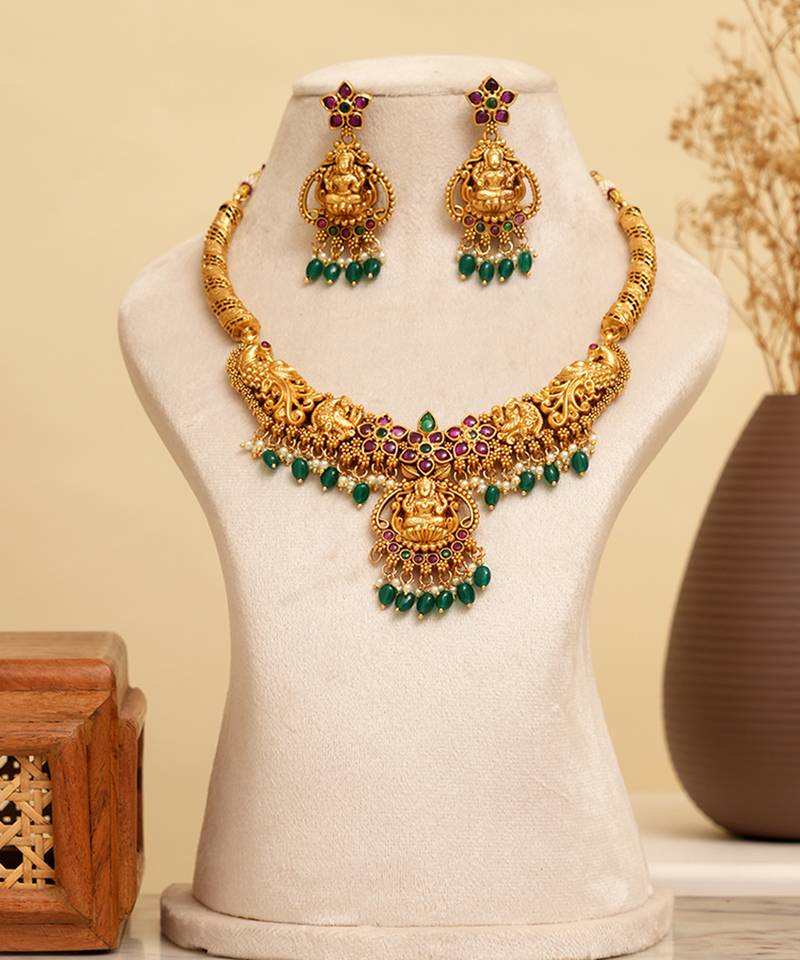 Gold plated green stones temple necklace set