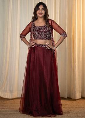 MAROON EMBROIDERED TOP WITH SKIRT AND SHRUG 1