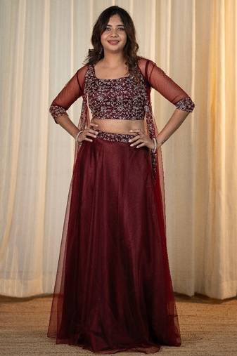 MAROON EMBROIDERED TOP WITH SKIRT AND SHRUG