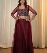 MAROON EMBROIDERED TOP WITH SKIRT AND SHRUG