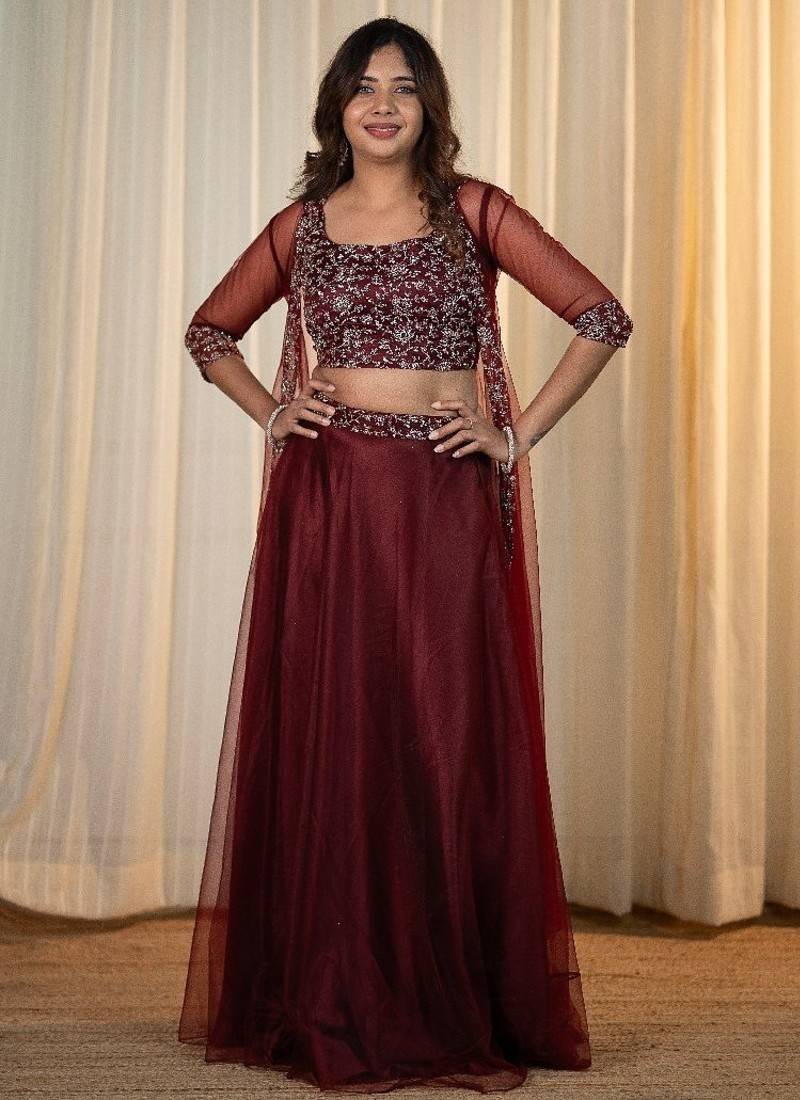 MAROON EMBROIDERED TOP WITH SKIRT AND SHRUG