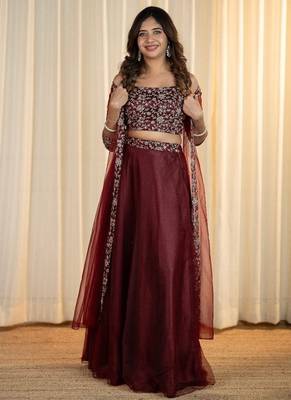 MAROON EMBROIDERED TOP WITH SKIRT AND SHRUG 2