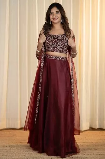 MAROON EMBROIDERED TOP WITH SKIRT AND SHRUG