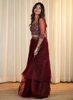 MAROON EMBROIDERED TOP WITH SKIRT AND SHRUG 3